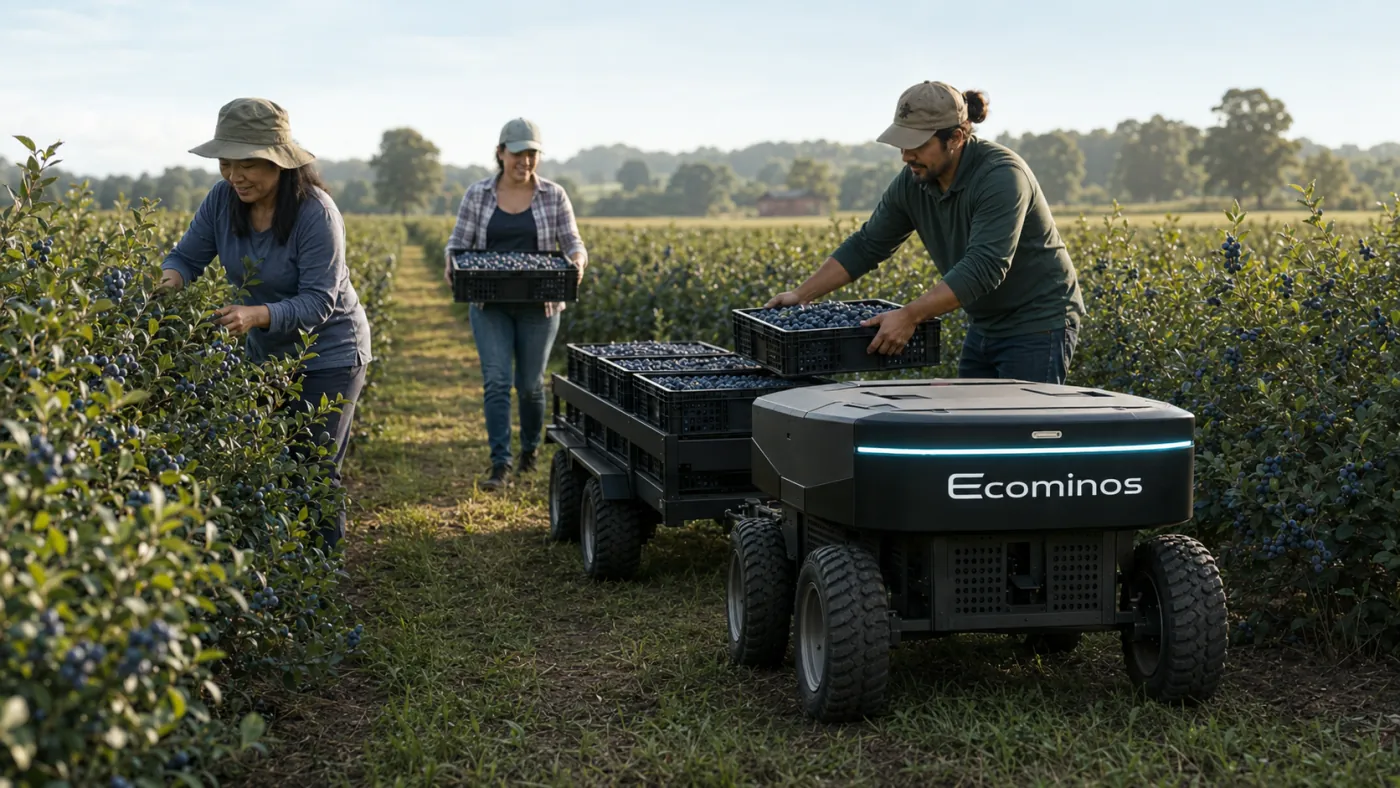 Farm workers load harvested blueberries onto an Ecominos transport module